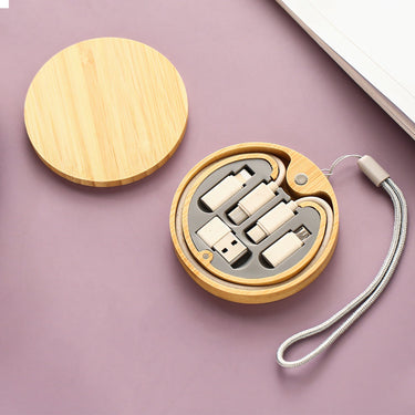 Custom Logo Round Bamboo Wood Wheat Environmental Protection Charging Cable Set | Premium Corporate Gifts and Custom Gifts