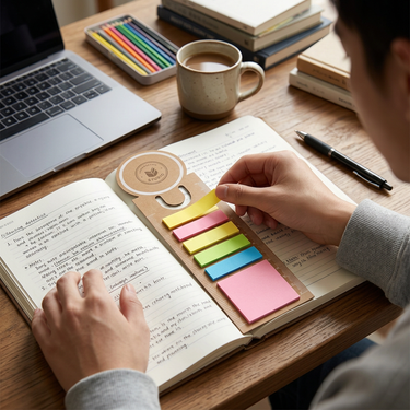 U-shaped solid colour sticky notes with custom logo – branded office stationery