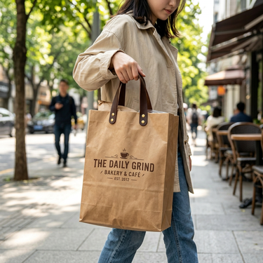 Custom Logo Leather handle washed kraft paper bag | Premium Corporate Gifts and Custom Gifts