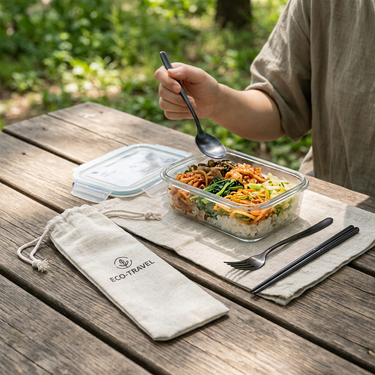 Custom Logo Korean drawstring bag stainless steel tableware 3-piece set | Premium Corporate Gifts and Custom Gifts