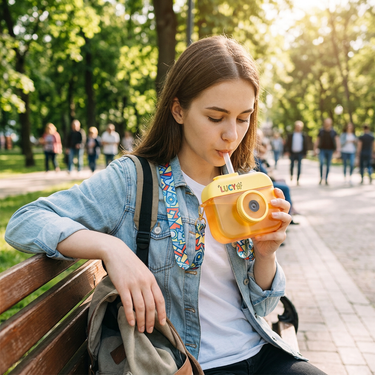 Custom Logo Cute camera-shaped straw bottle | Premium Corporate Gifts and Custom Gifts