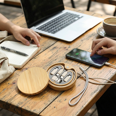 Custom Logo Round Bamboo Wood Wheat Environmental Protection Charging Cable Set | Premium Corporate Gifts and Custom Gifts