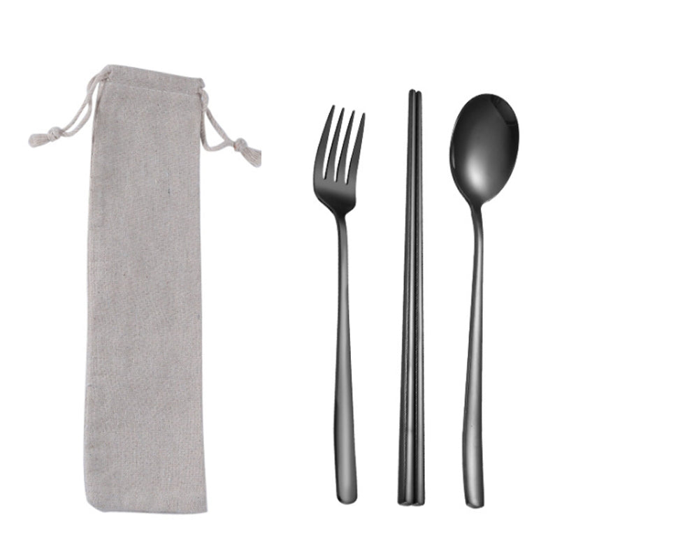 Custom Logo Korean drawstring bag stainless steel tableware 3-piece set | Premium Corporate Gifts and Custom Gifts