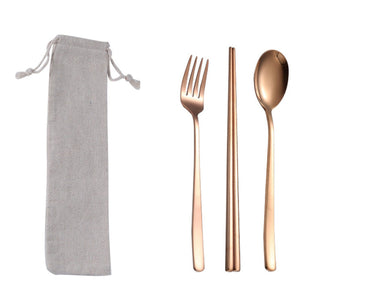 Custom Logo Korean drawstring bag stainless steel tableware 3-piece set | Premium Corporate Gifts and Custom Gifts