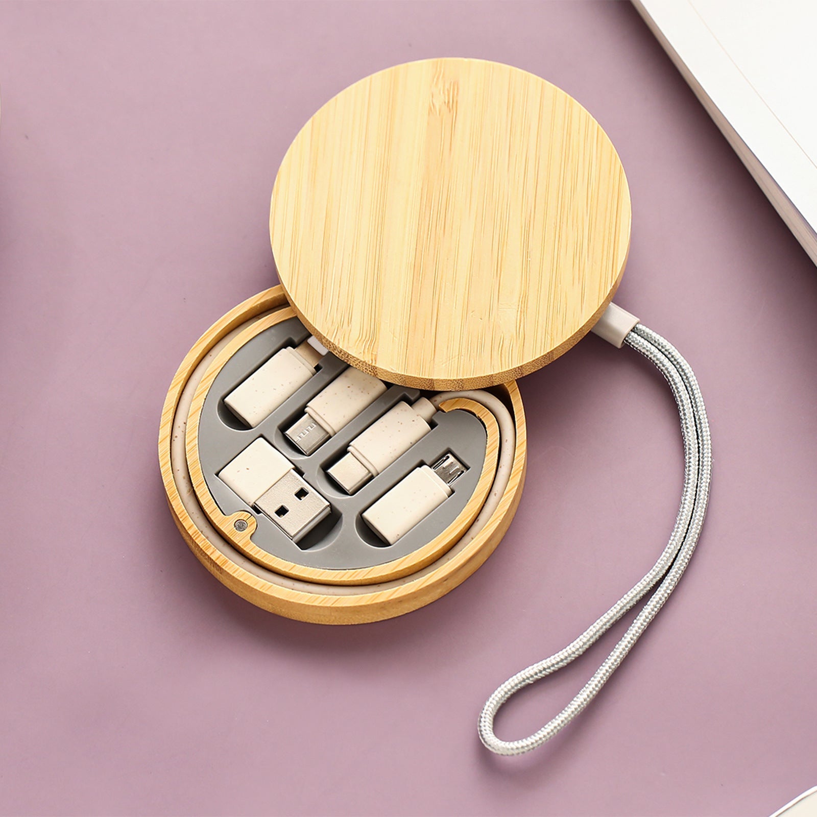 Custom Logo Round Bamboo Wood Wheat Environmental Protection Charging Cable Set | Premium Corporate Gifts and Custom Gifts
