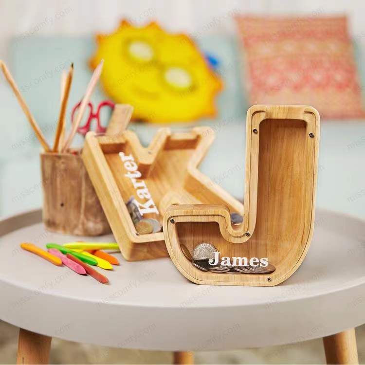 Custom Logo English Letter Wood Grain Piggy Bank | Premium Corporate Gifts and Custom Gifts