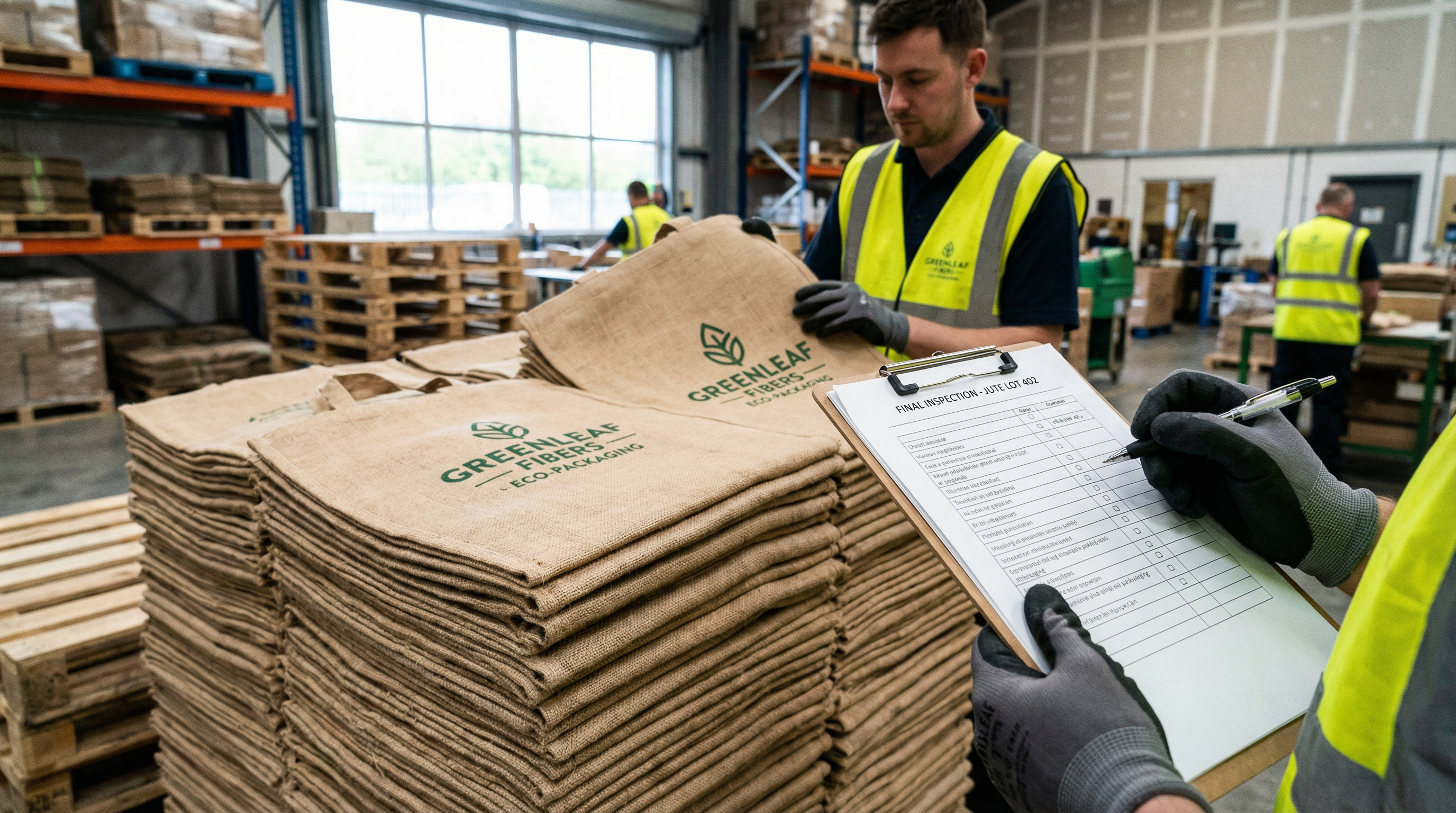 Stack of high-quality jute bags undergoing final quality control inspection before packaging.